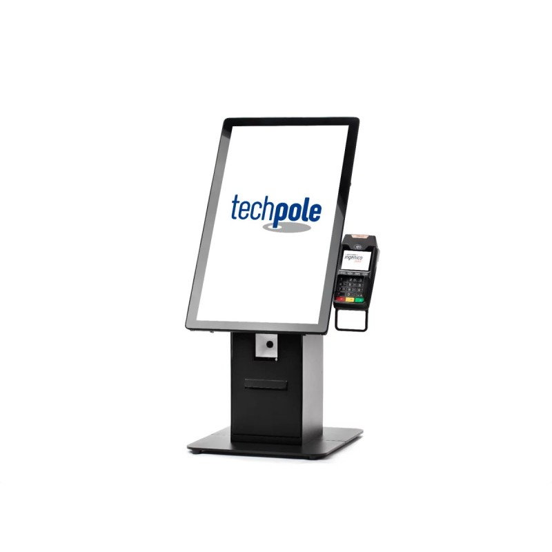 Quiosque de autoatendimento com scanner e terminal de pagamento