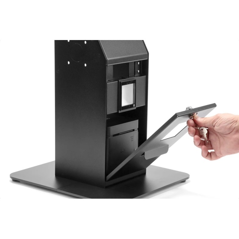 Quiosque de autoatendimento com scanner e terminal de pagamento